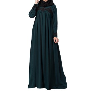 Loose fit Abaya with pearl lace work- Bottle Green